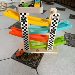 Wooden Multi-Level Ramp Racer Toy - Yellow, Teal, Orange & Green